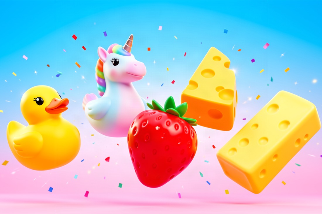 Colourful jumbo squishy toys - duck, unicorn, strawberry and cheese - bouncing in celebration