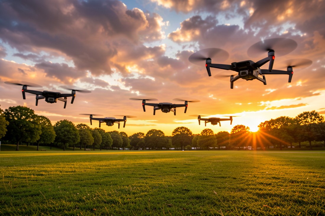 RC drone fleet flying over a park at sunset